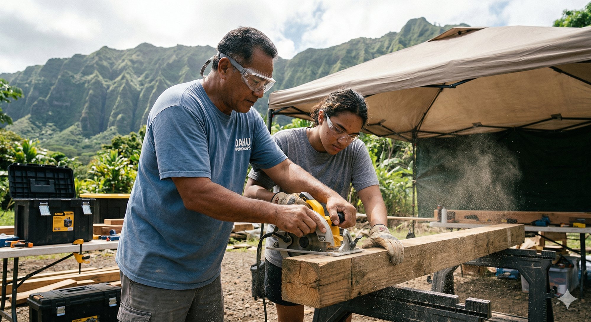 Instructor and student cutting lumber with Koʻolau mountains behind