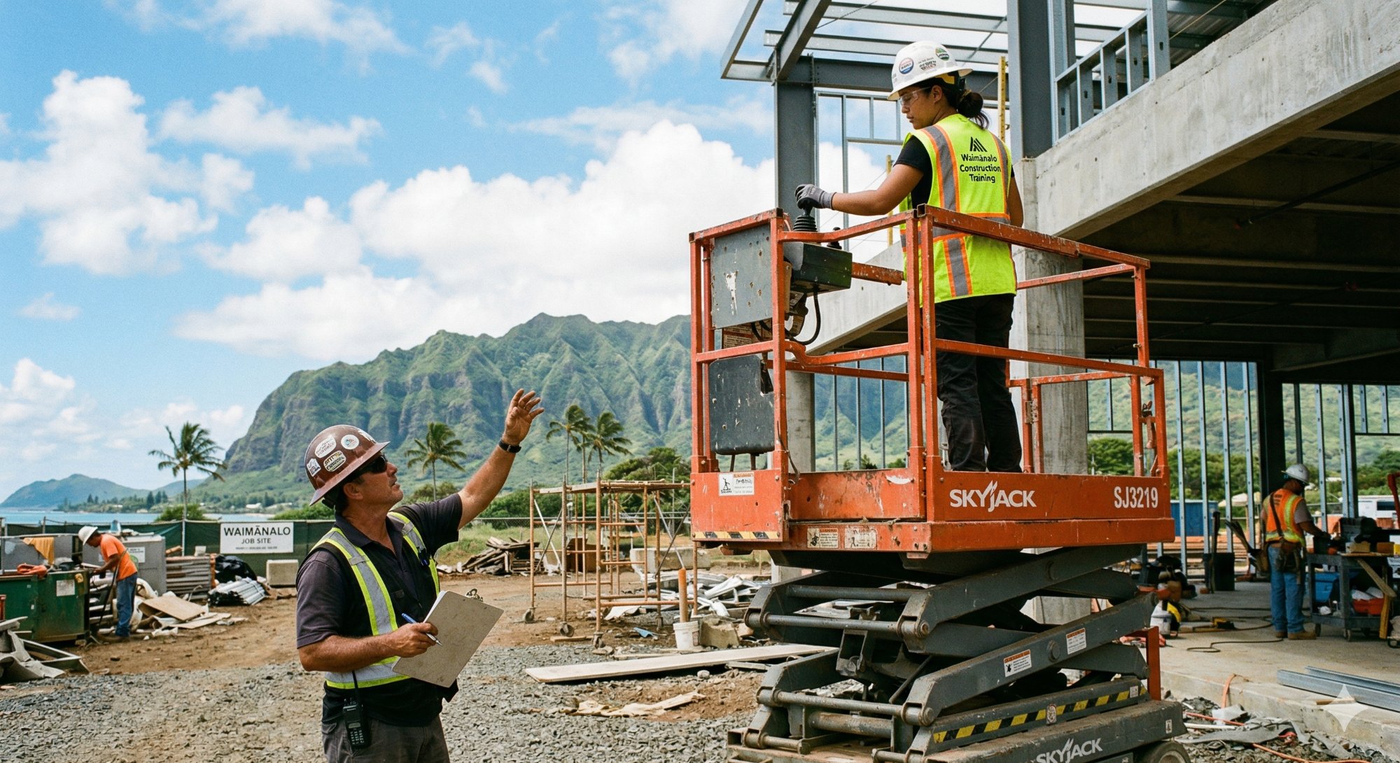 Construction training on Waimānalo job site — scissor lift with Koʻolau mountains
