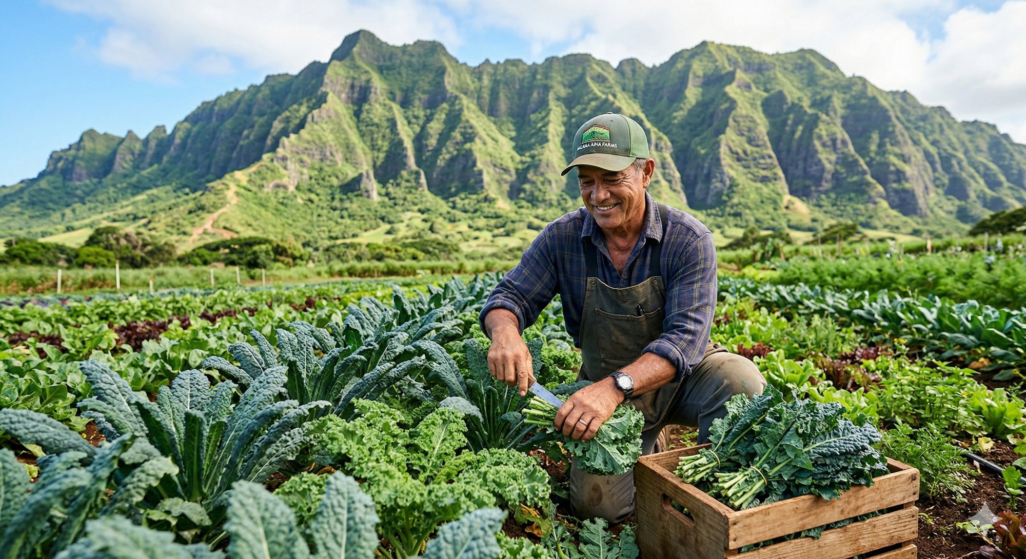 Farmer harvesting greens with Koʻolau range behind