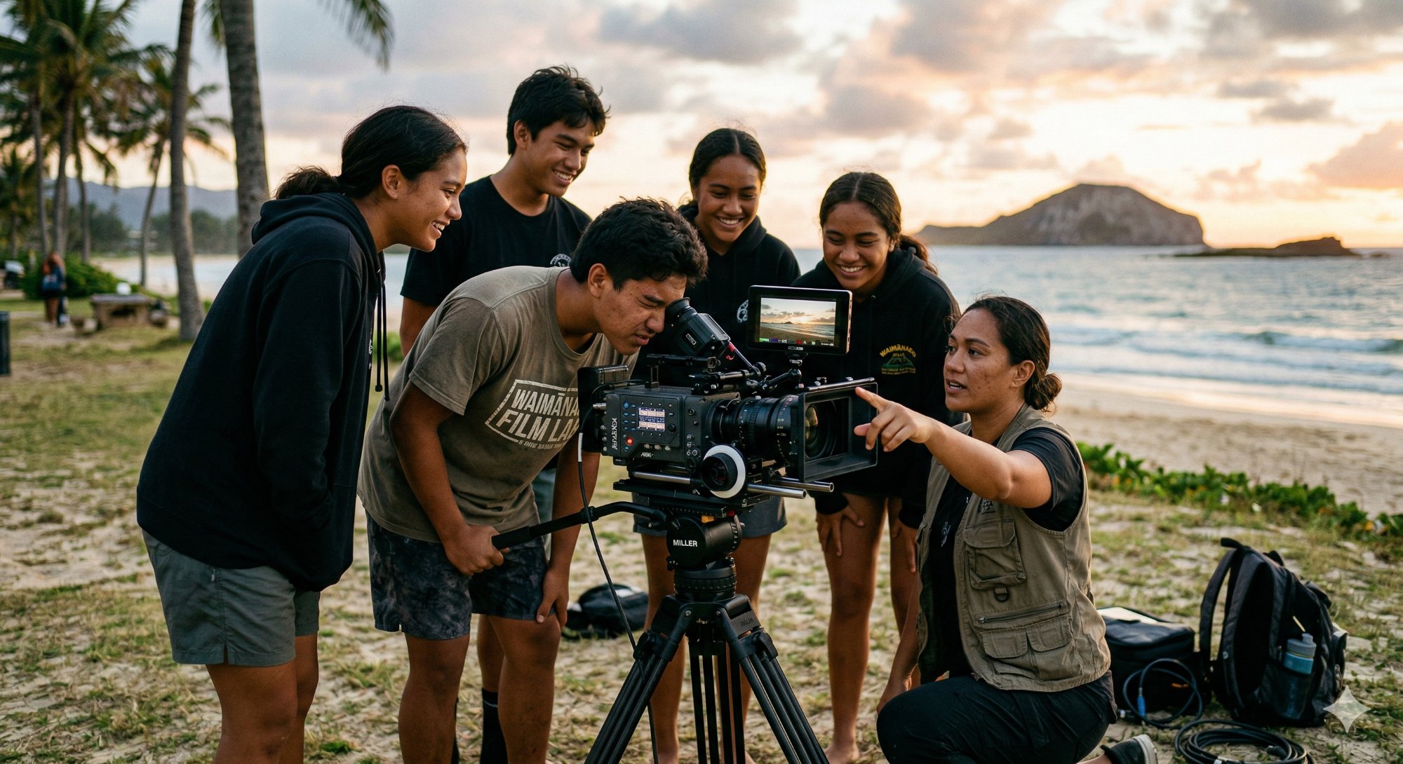 Multi Media students learning camera operation at Waimānalo Beach