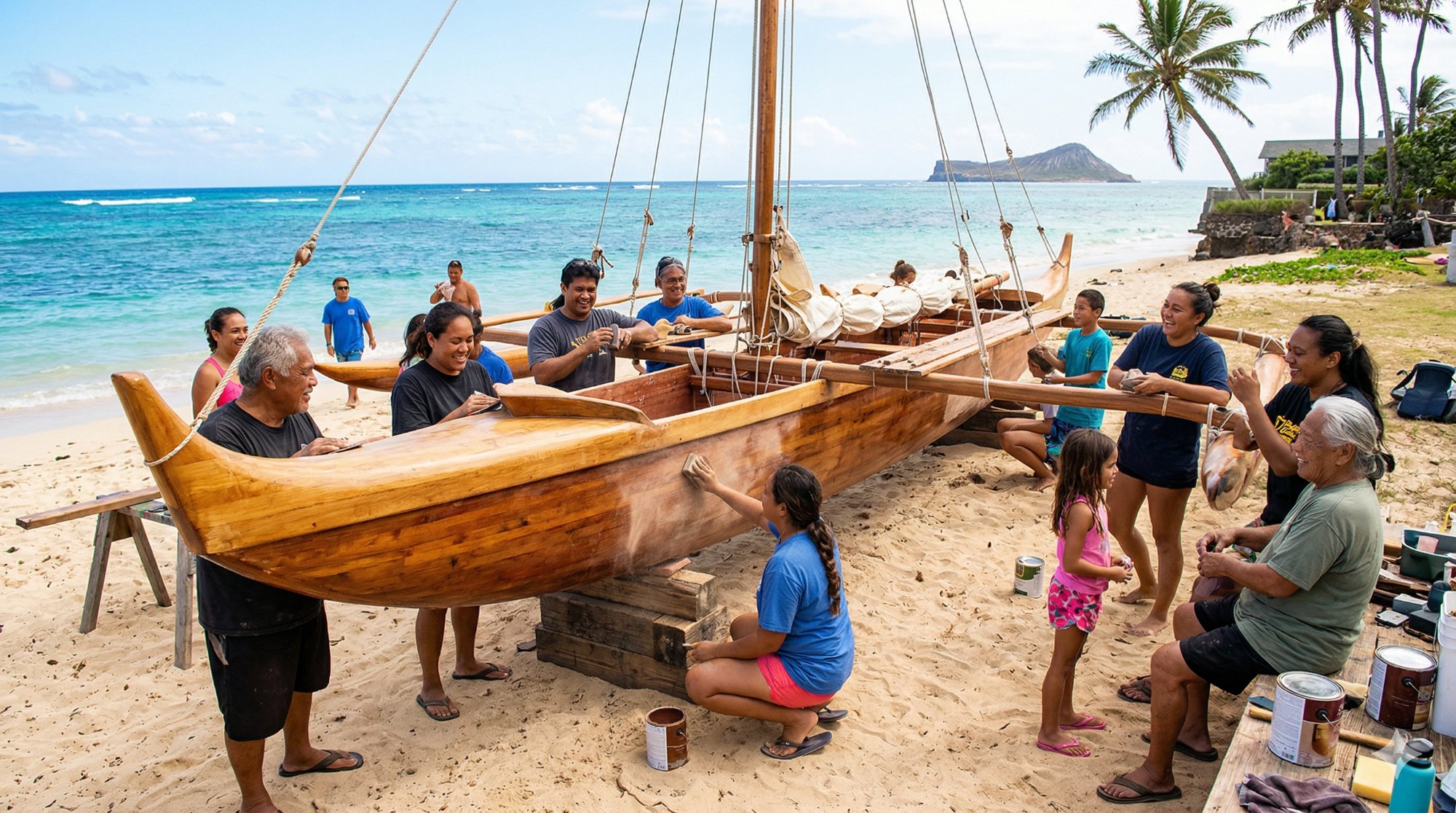 Community sanding a traditional waʻa canoe on the beach